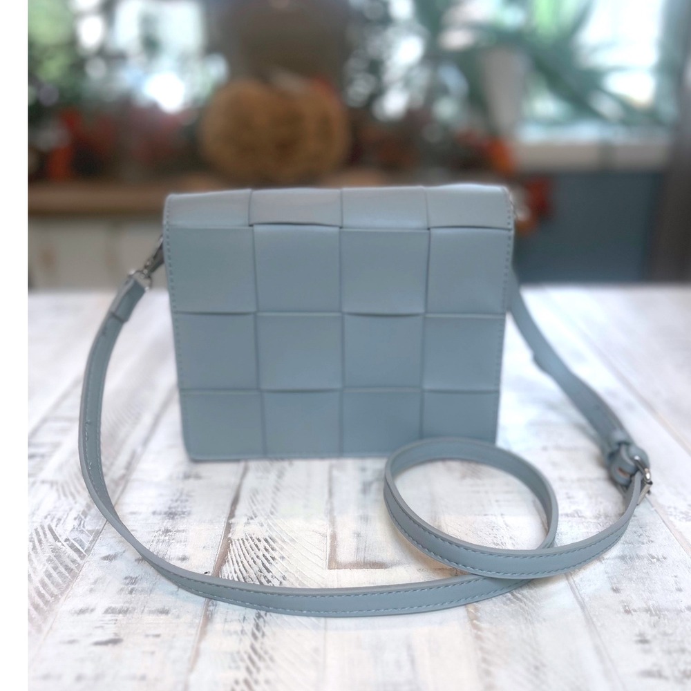 EIN Woven Leather Crossbody Bag Light Blue Flap Shoulder Purse‎
